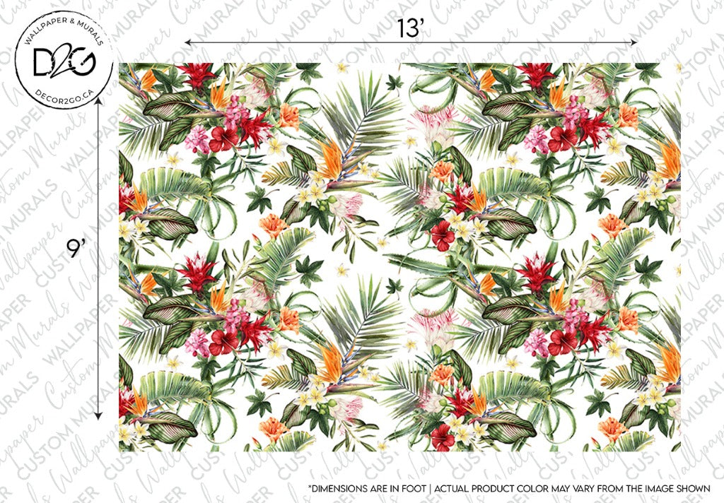 A colorful Hawaiian Flora wallpaper mural featuring a variety of vivid flowers and lush greenery on a white background. The design includes red, pink, and yellow blooms with assorted green leaves by Decor2Go Wallpaper Mural.