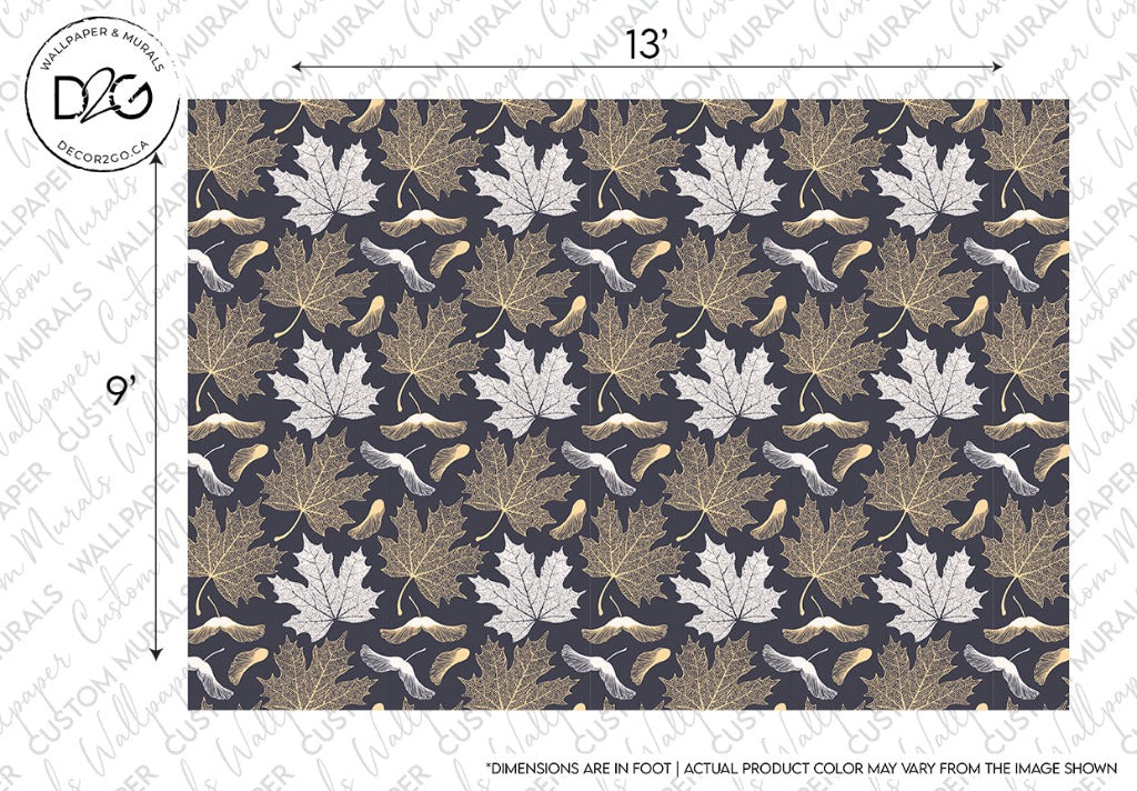 Maple Leaves Wallpaper Mural  white and gold leaves with  gray  backround, sizes
