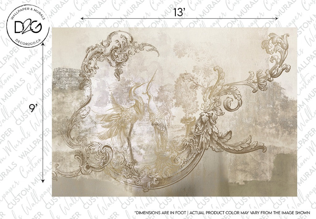 Decorative contemporary mural featuring an elegant gold and white Decor2Go Wallpaper Mural with a floral motif and a classical figure, set against a grungy beige background. Text on image shows product dimensions.