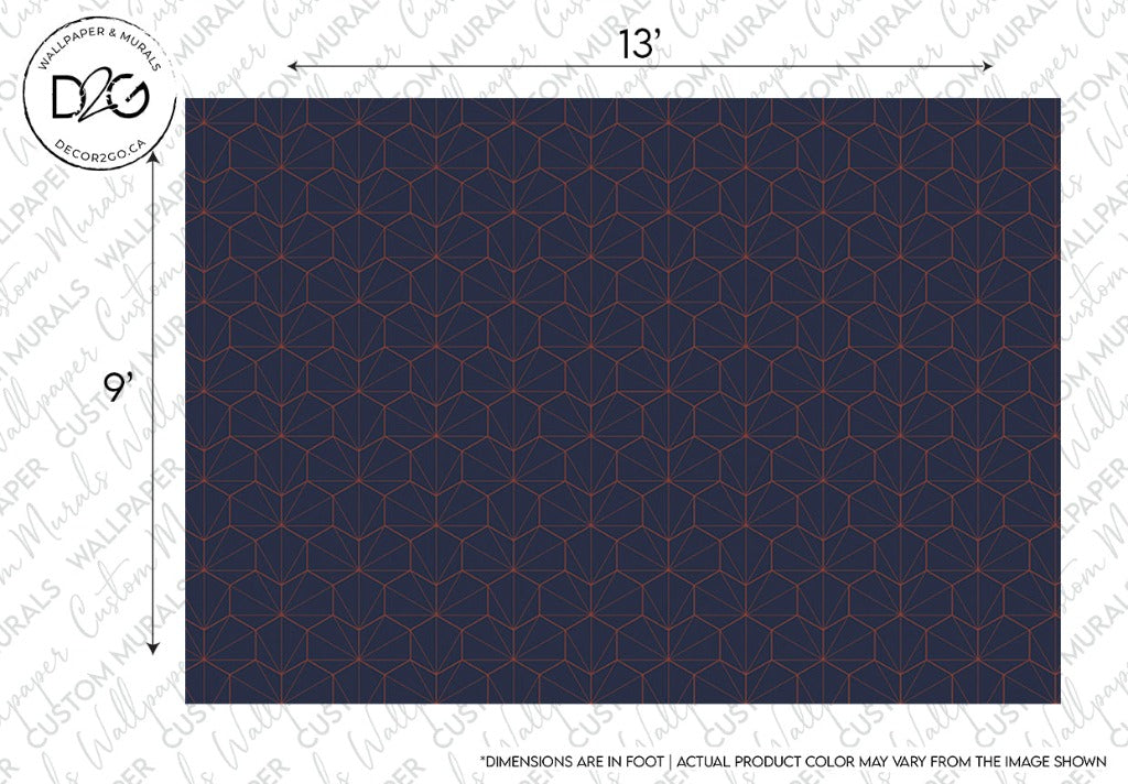 A geometric pattern of repeated hexagonal shapes outlined in orange on a dark blue background, featuring the eclectic concept design and logo of Decor2Go Wallpaper Mural at the top.