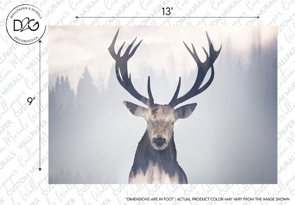 Stylized image of a deer with large antlers superimposed on a tranquil forest setting, with design dimensions and branding visible on the Oh Deer! Wallpaper Mural by Decor2Go Wallpaper Mural.