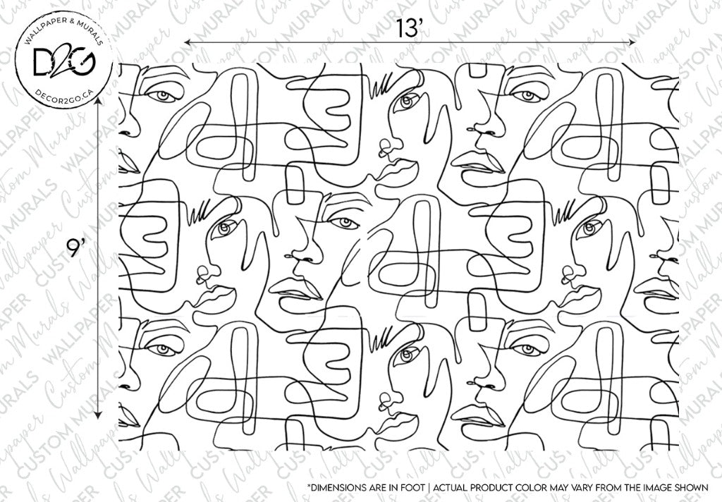 A black and white minimalist design featuring a series of interconnected, overlapping faces with various expressions, depicted in one continuous line, on a plain background. The image includes measurement markings and a watermark.
One Line Portraits Wallpaper Mural by Decor2Go Wallpaper Mural.