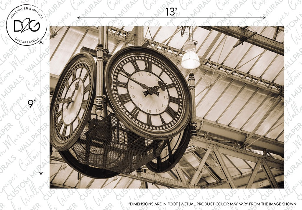 Vintage-style On Time Clockwork Wallpaper Mural hanging from the ceiling of an industrial building with exposed metal beams and a skylight, featuring steampunk aesthetics with a sepia tone overlay adding an aged effect by Decor2Go Wallpaper Mural.