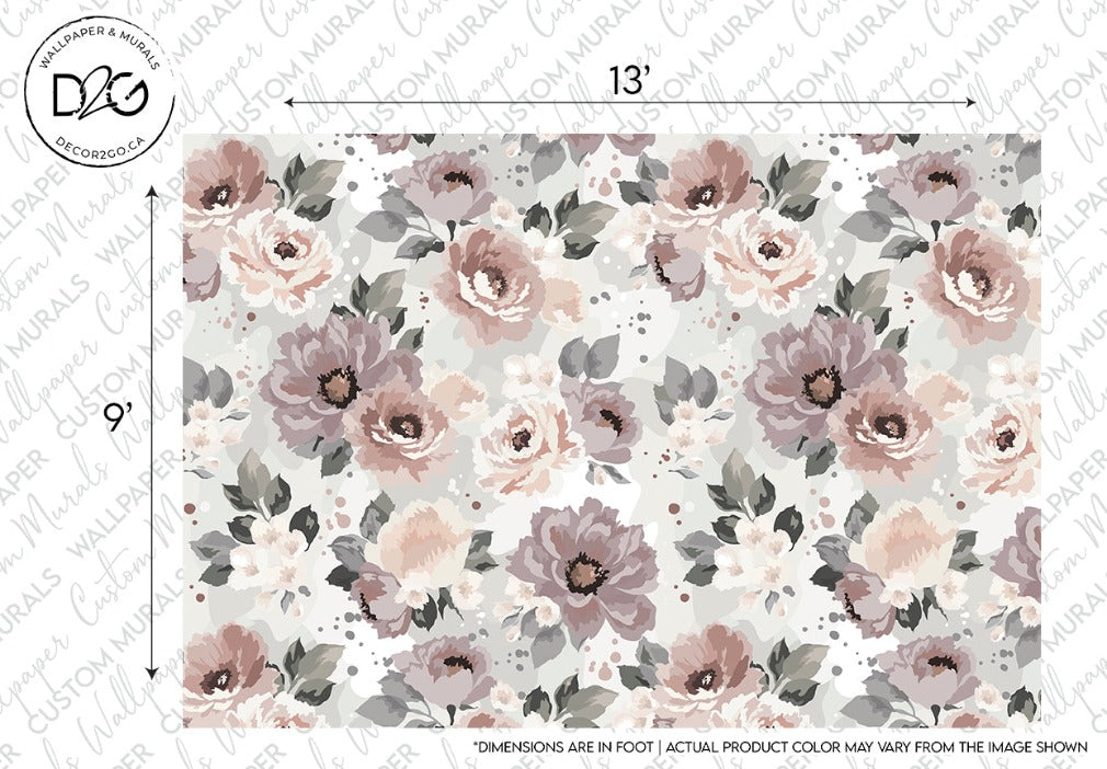 A floral wallpaper design featuring a repeating pattern of pink and beige roses with green leaves on a speckled gray background. This Decor2Go Wallpaper Mural is designed to enhance any living space, with dimensions
