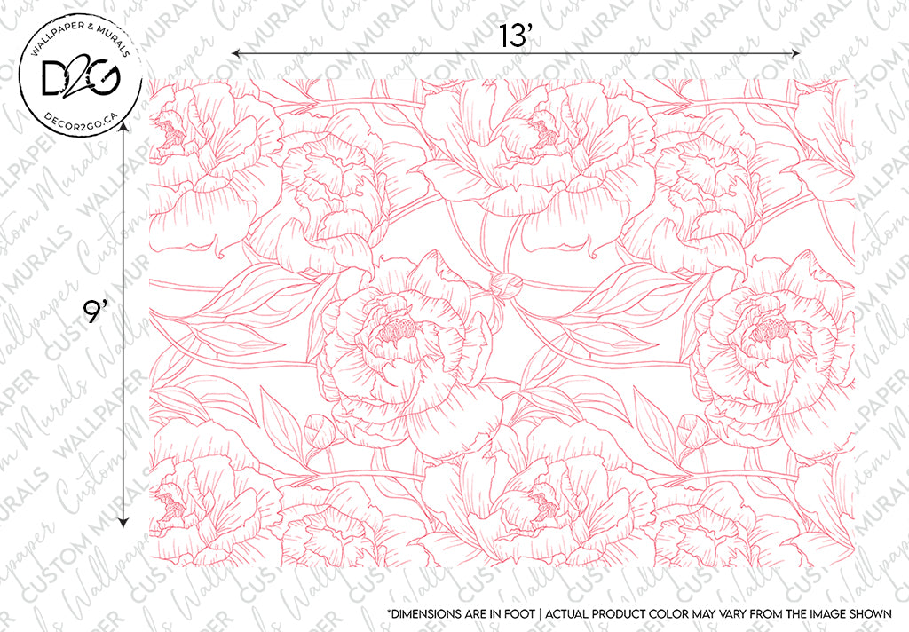 Line drawing of floral pattern featuring large Pink Peonies intertwined with leaves, presented in pink outlines on a white background. Dimensions indicated for design use, with a notice about potential color variation. Created by Decor2Go Wallpaper Mural.