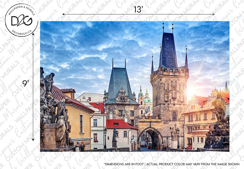 A scenic view of Prague's Charles Bridge and Old Town area with historical towers and statues under a vibrant sunrise, perfect for a Decor2Go Wallpaper Mural.