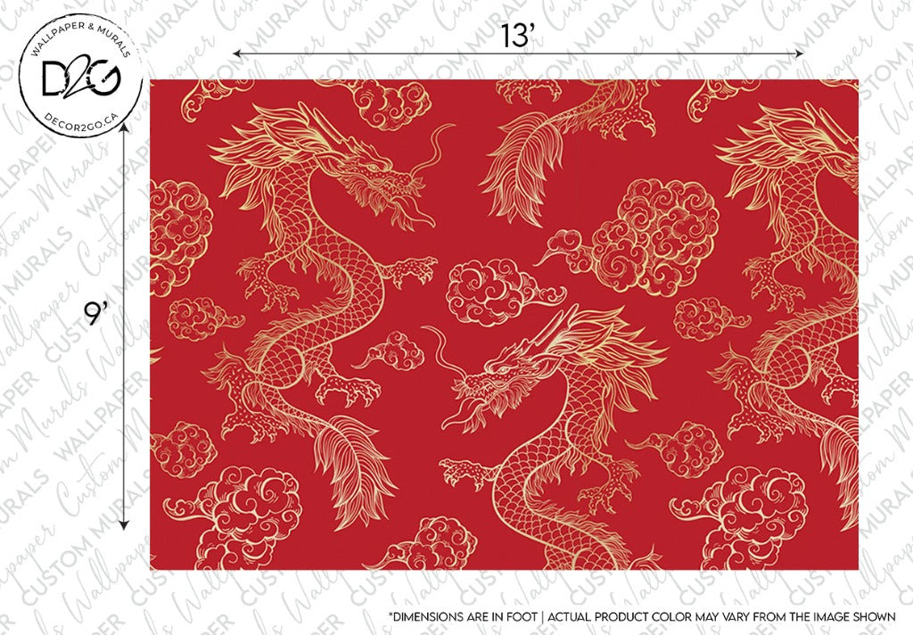 Illustration of a Red Dragon Wallpaper Mural from Decor2Go featuring a red fabric pattern with three golden dragons surrounded by intricate clouds. The design shows dimensions and a note on possible color variance.