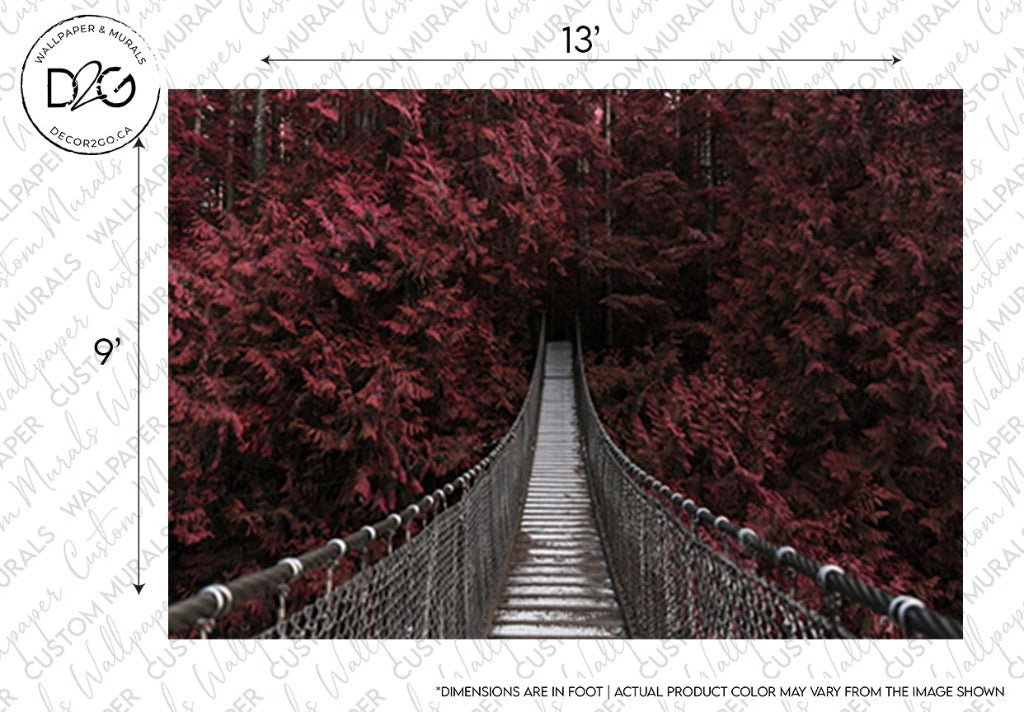 A narrow suspension bridge stretches over an expansive, dense forest with trees in vibrant crimson hues. The bridge is bound by metal chains and wooden planks, leading into a seemingly endless path surrounded by autumn colors. Dimensions are marked as 13 feet wide by 9 feet tall.

*This stunning scene can be brought to life in your space with the Red Forest Wallpaper Mural from Decor2Go Wallpaper Mural.*