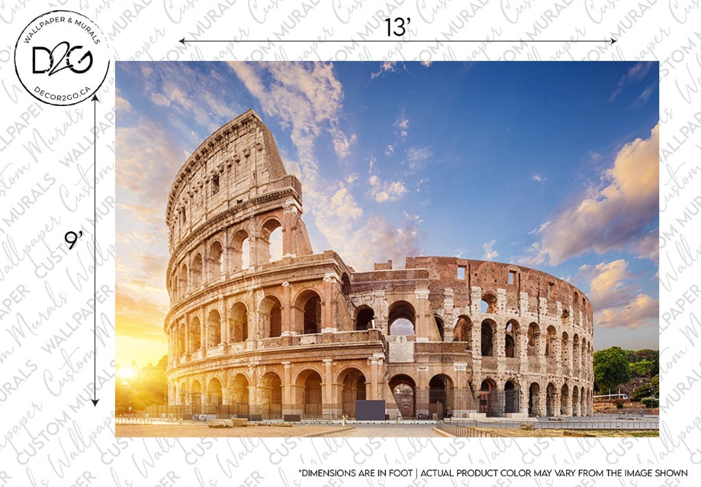 Sunset view of the Decor2Go Wallpaper Mural Roman Colosseum in Rome, showing its ancient facade with arched openings under a glowing sky. Advertisement watermark and measurement overlay visible.