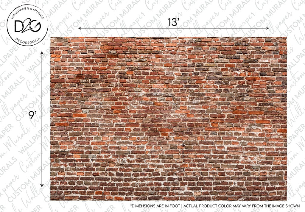 High-resolution image of a Washed Classic Brick Wall Wallpaper Mural by Decor2Go Wallpaper Mural, displaying varying shades of red and brown bricks with white markings, forming a realistic mural measured at 13 by 9 feet dimensions.