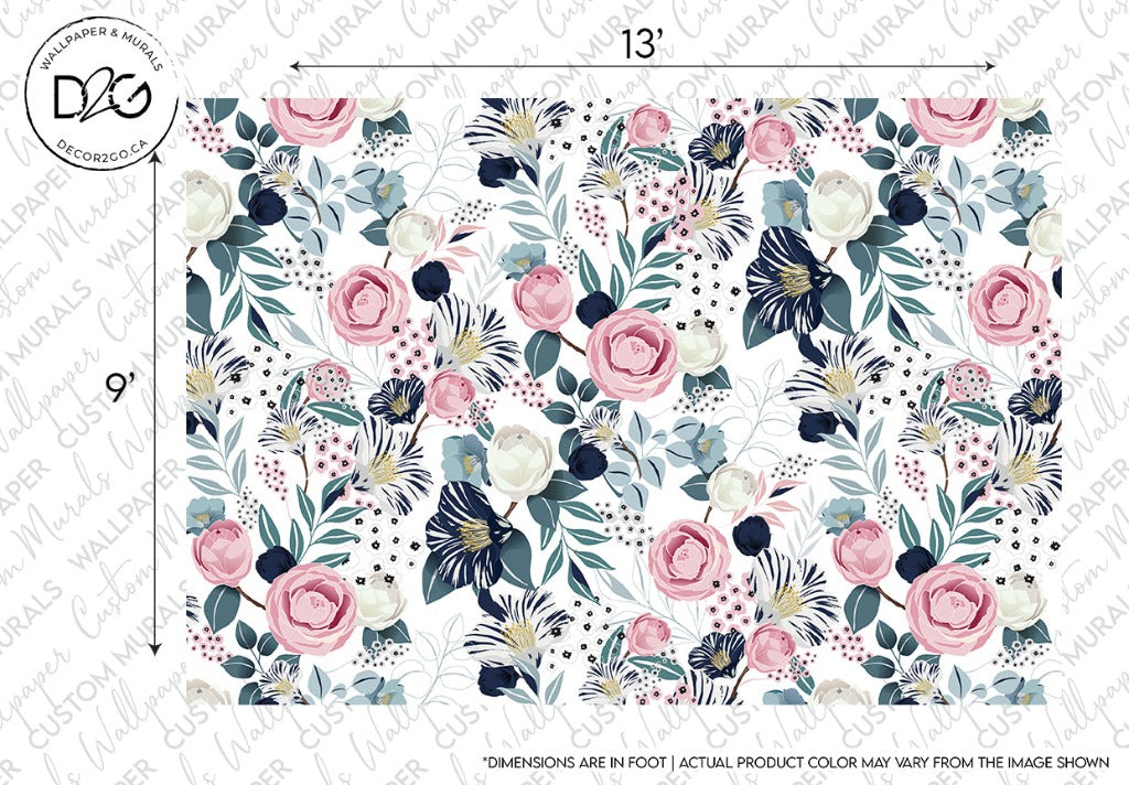 A floral pattern featuring a mix of pink and cream roses, navy and white flowers, and various green leaves on a white background incorporates imaginative design through its decorative frame with a logo in the top left corner from Decor2Go Wallpaper Mural.