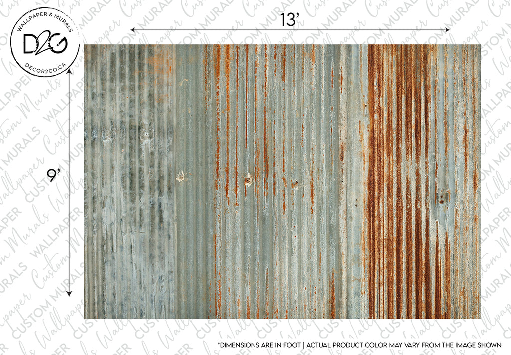 Image of a Decor2Go Wallpaper Mural with large areas of rust and some remaining blue paint, showing clear signs of weathering and age. Text and logos are present in the corners of the image.