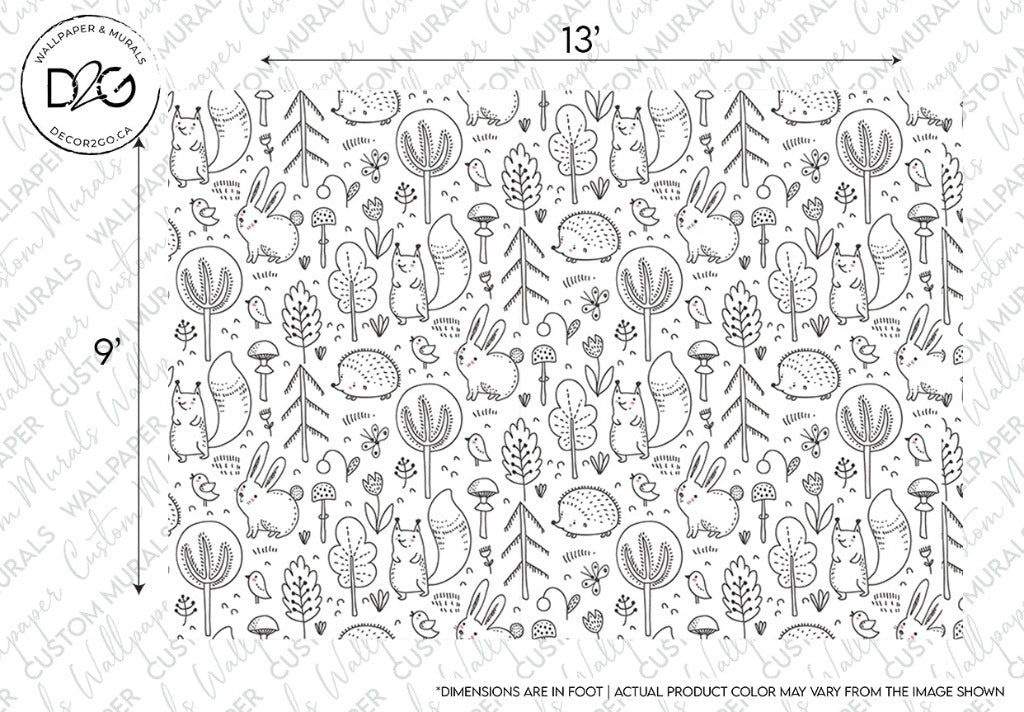 Introducing the Sketchbook Garden Wallpaper Mural by Decor2Go Wallpaper Mural: A whimsical black and white design, measuring 13 feet by 9 feet, featuring intricate patterns of woodland animals like rabbits and hedgehogs among trees, plants, and mushrooms. The minimalist styling complements any space, with custom sizing available to fit your needs.