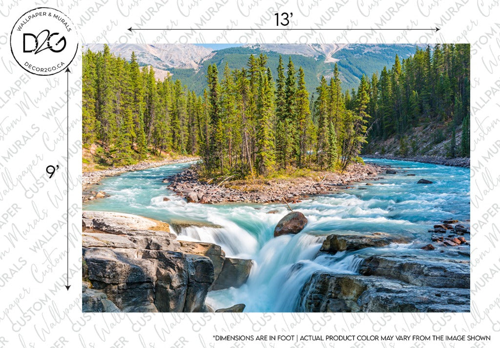 A vivid landscape depicting Sunwapta Falls with turquoise waters flowing fast over rocky terrain, surrounded by dense green forests under a clear sky. The top left corner features a logo and text "Decor2Go Wallpaper Mural