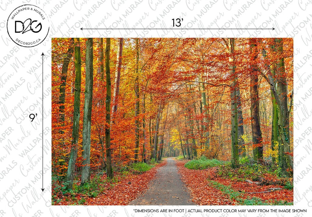 A Decor2Go Wallpaper Mural with a path flanked by trees featuring bright red and orange leaves, designed for rest and relaxation. Watermarks and measurement indicators overlay the image.