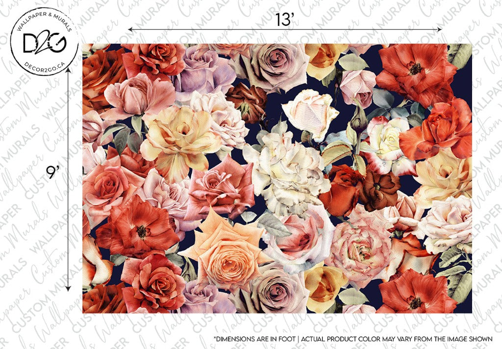 A vibrant Decor2Go Wallpaper Mural design featuring a dense pattern of blooming roses in shades of red, pink, white, and blue, displayed with a measurement scale.