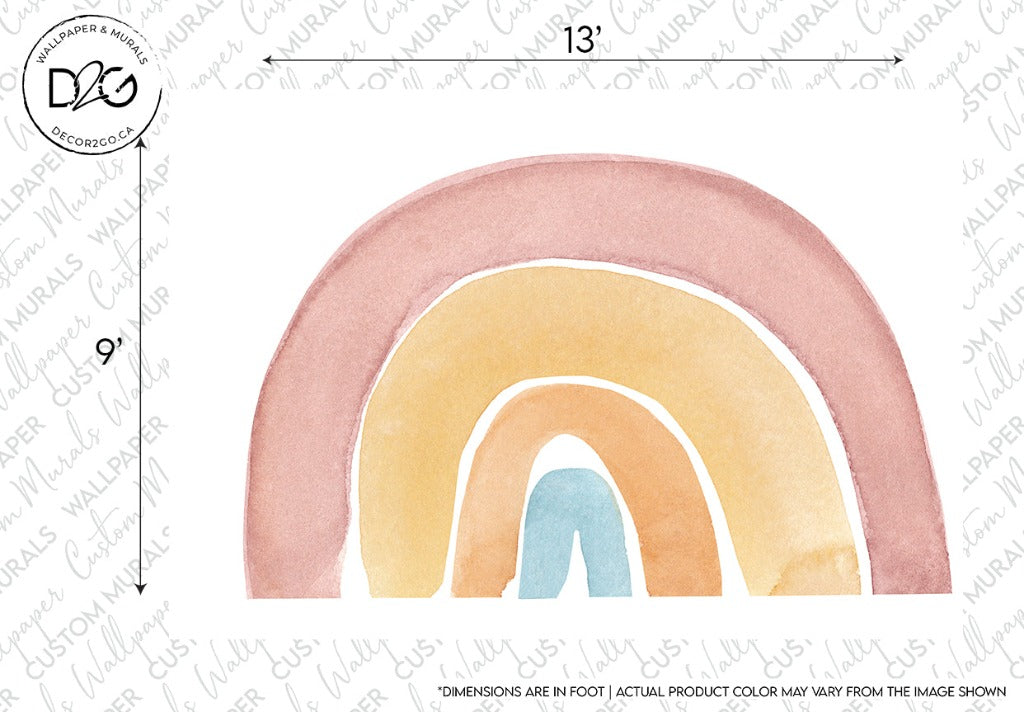 Watercolor painting of a stylized pastel Decor2Go Wallpaper Mural with soft colors in pink, yellow, and blue. The image includes a logo and measurement markers.