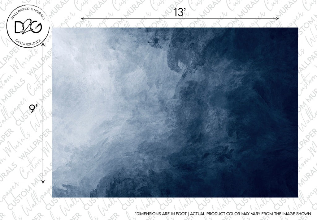 A rectangular image of blue and white abstract watercolours with swirling gradients from light to dark shades. It measures 13 feet in width and 9 feet in height. Perfect for a feature wall, the White and blue harmony Wallpaper Mural has dense cloud-like patterns and features a watermark from "Decor2Go Wallpaper Mural." Custom sizing available.