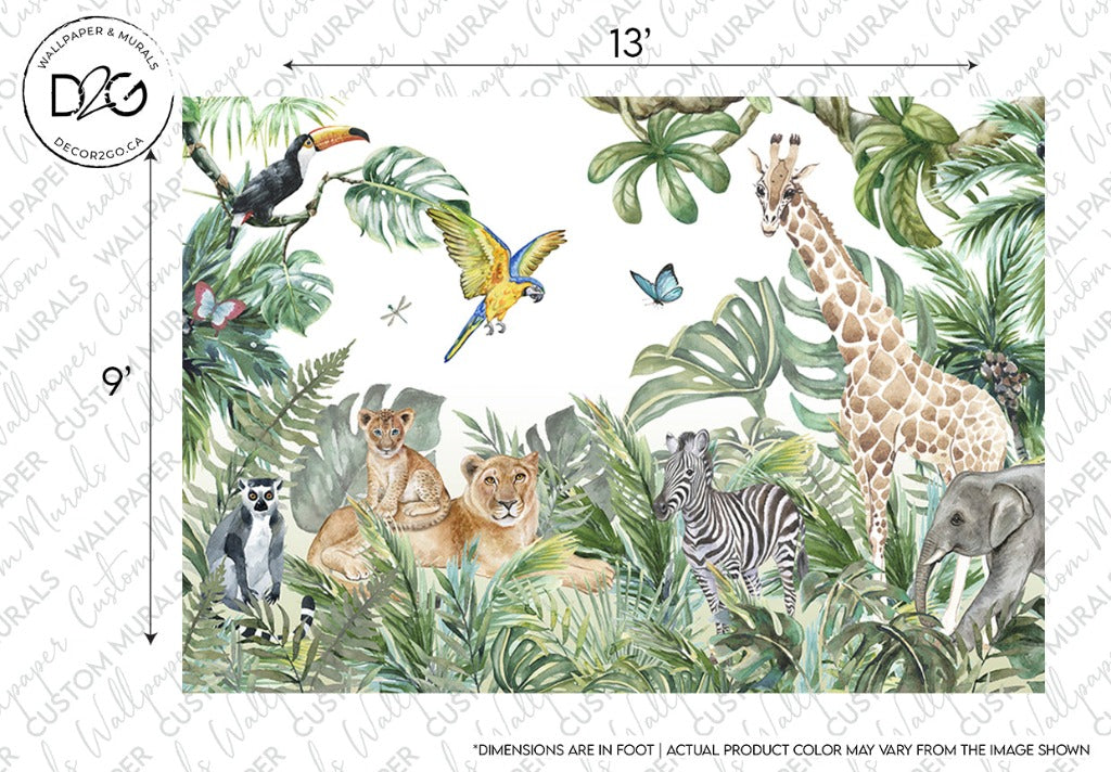 A vibrant mural on the wall features a jungle scene with various animals, including a giraffe, lion, lioness, cheetahs, zebras, a parrot, toucan, lemur, elephant, and butterfly amidst lush tropical foliage. This stunning Wild Animals and the Jungle Watercolor Mural Wallpaper by Decor2Go Wallpaper Mural measures 13 feet by 9 feet.