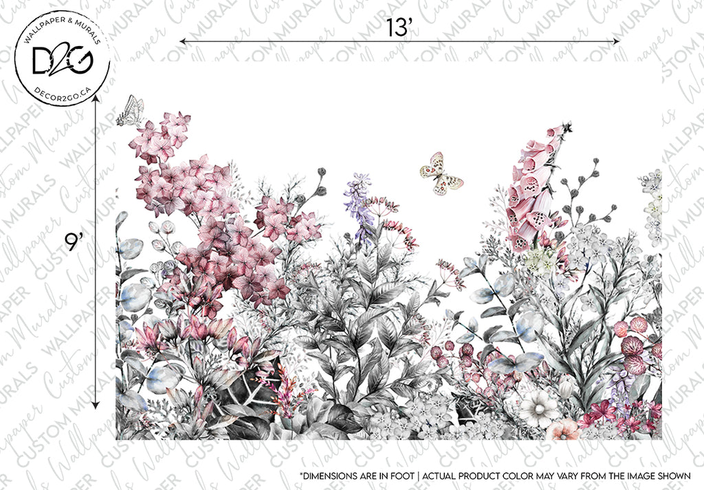 An artistic custom Wild Flower Wallpaper Mural design from Decor2Go featuring a variety of pink flowers, greenery, and butterflies on a white background. The image includes measurement indicators and a note on color variance.