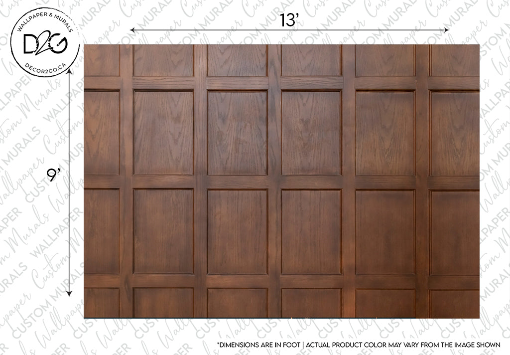 A Wood Panels III Wallpaper Mural measuring 13 feet in width and 9 feet in height, featuring a grid-like pattern of rectangular panels. The wood has a natural grain finish, accentuating its rustic design. Decor2Go Wallpaper Mural branding and measurement details are shown in the top and bottom margins of the image.