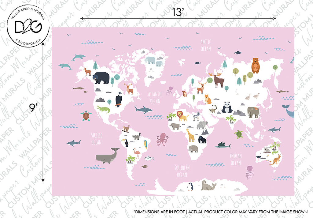 Decor2Go Wallpaper Mural's World Map with Wild Animals Pink Wallpaper Mural for children depicting continents and oceans labeled with various animals, landmarks, and cultural icons positioned geographically, all portrayed in a playful, cartoon style.
