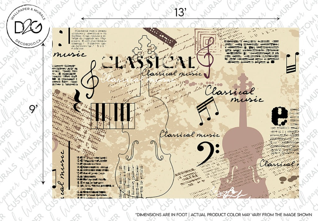 A 13ft by 9ft musical mural titled "Classical Music Notes" features various music-themed elements, including treble clefs, notes, and musical notation. The background is beige with black and brown accents. Text reading "Classical music" appears multiple times on this captivating Yoyoma Wallpaper Mural by Decor2Go Wallpaper Mural.