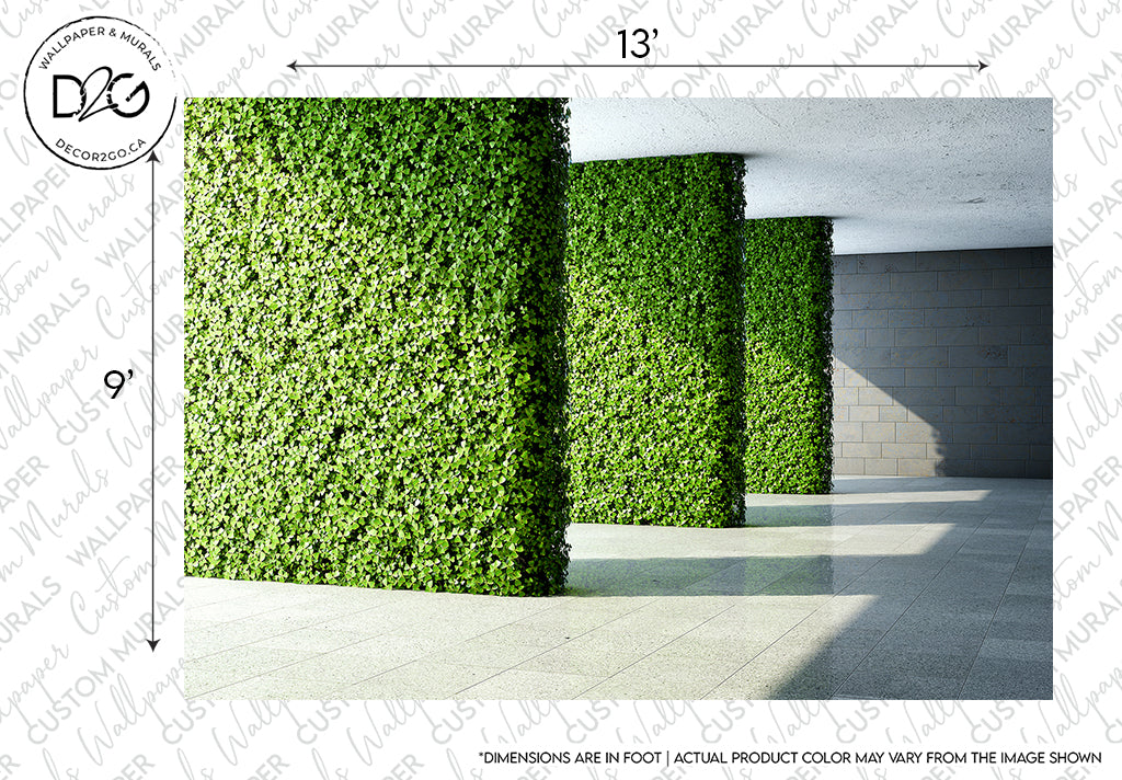 A graphic showcasing a realistic 3D Modern Hall Wallpaper Mural from Decor2Go Wallpaper Mural for interiors, displaying the mural’s dimensions and noting potential color variation in product representation.