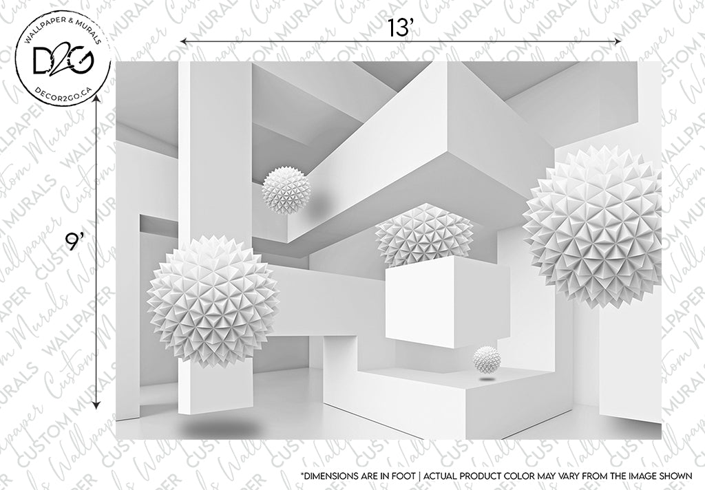 3D-rendered architecture display of a geometric interior featuring multiple white structures and spiky spheres, marked with dimensions for scale. The image is monochrome and contains reference text, portraying timeless elegance with the Decor2Go Wallpaper Mural 3D White Wallpaper Mural.