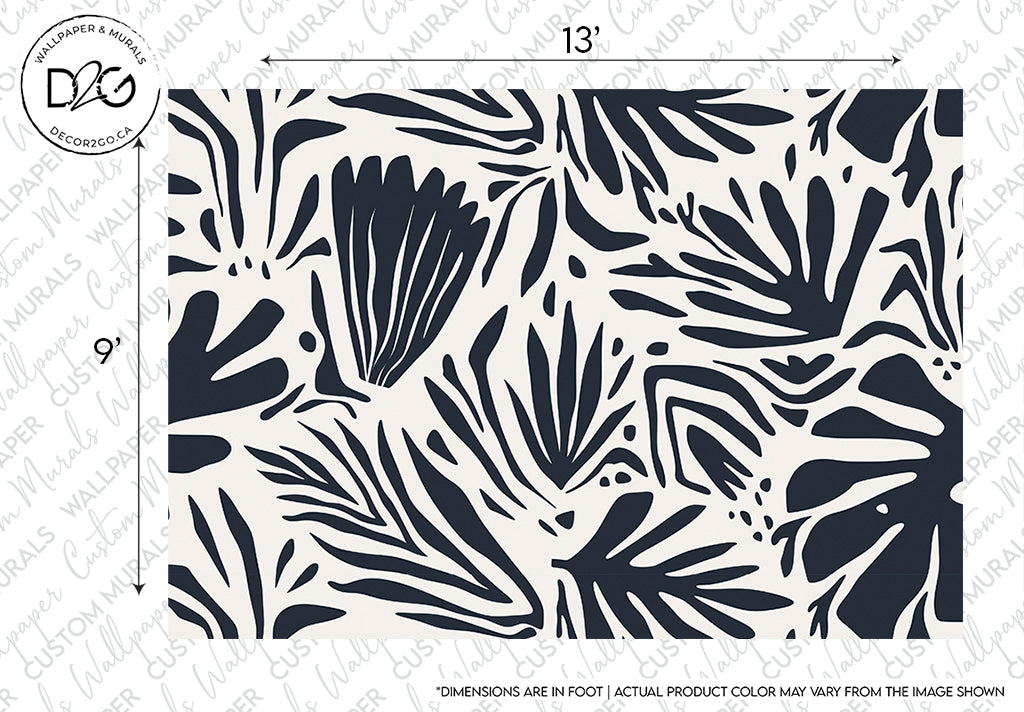 Abstract tropical leaf pattern in black and white showcasing various shapes and sizes of leaves, adapted into a Decor2Go Wallpaper Mural, with dimensions and branding notes included on the image.