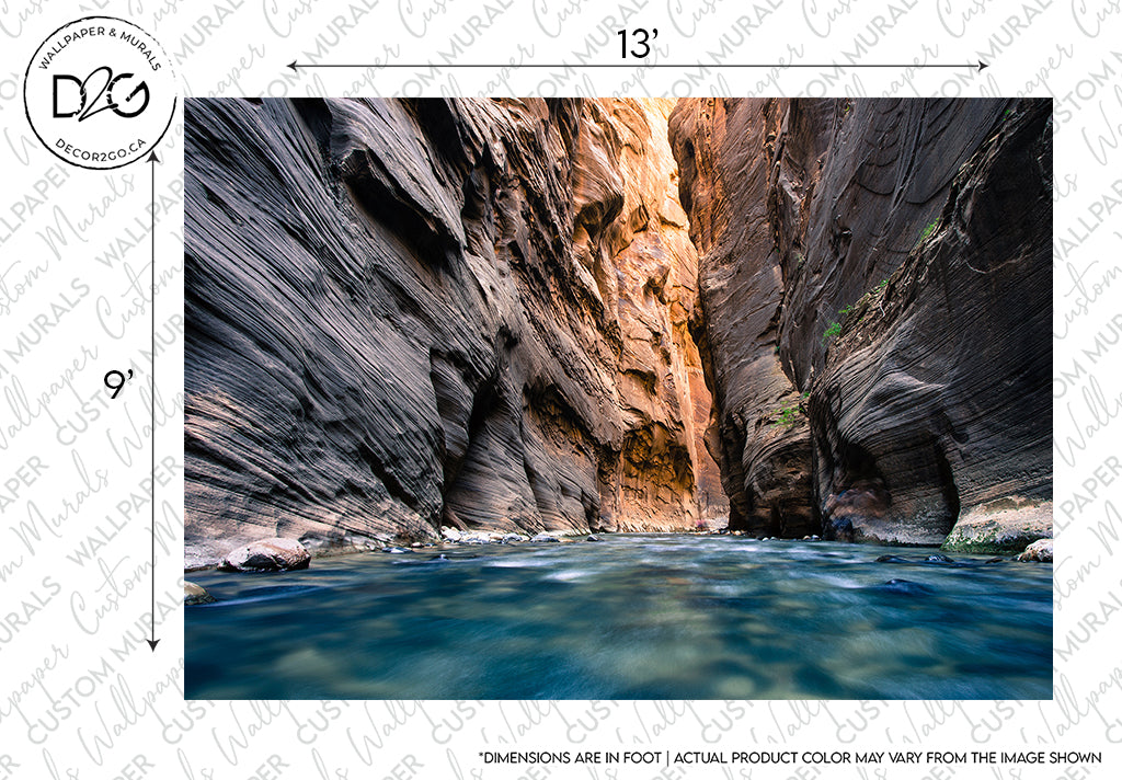 A serene photo of the narrows in Zion National Park, showing a river flowing through a narrow canyon with towering, textured rock walls lit by sunlight under a vibrant blue sky. There are Decor2Go Wallpaper Mural watermark and text.
