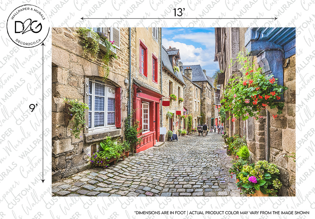 A charming cobblestone street flanked by traditional stone buildings with colorful doors, windows, and abundant flower baskets, in a quaint Decor2Go Wallpaper Mural village.