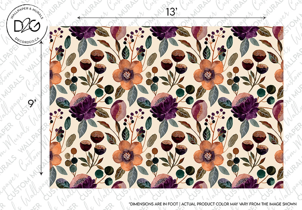Patterned Decor2Go Wallpaper Mural featuring a floral motif with burgundy, orange, and green leaves on a light beige background, marked with custom sizing annotations and a designer's logo.
