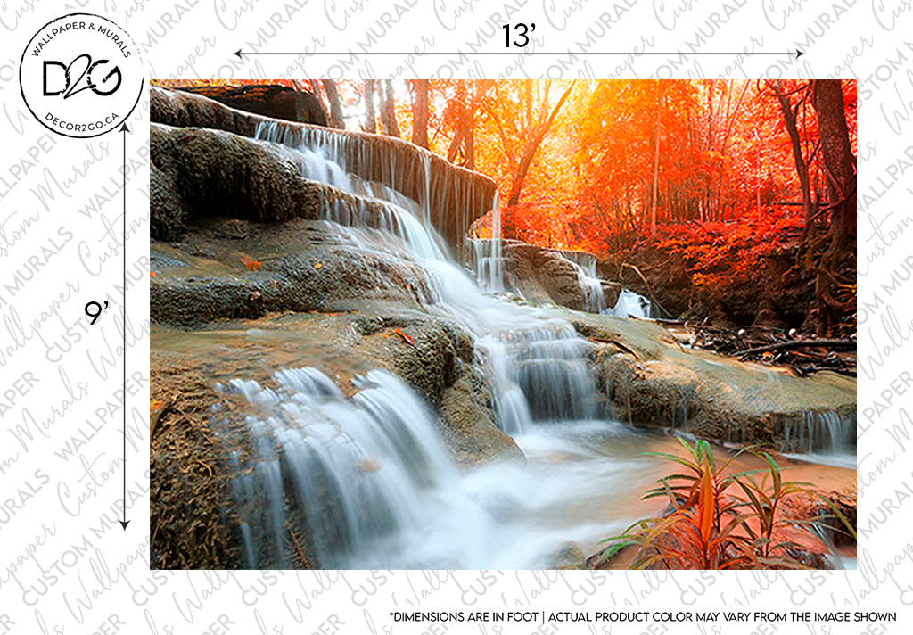 A serene landscape featuring a Autumn Waterfall Wallpaper Mural from Decor2Go Wallpaper Mural, with a cascading waterfall over sedimentary rocks surrounded by an autumn forest with vibrant red and orange leaves.