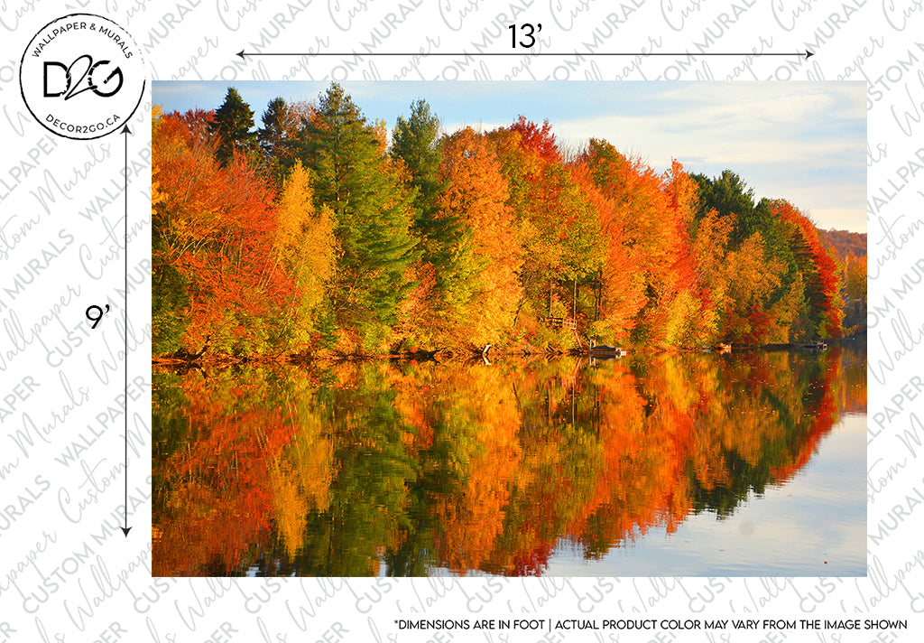 This image depicts a scenic autumn landscape showcasing Decor2Go Wallpaper Mural's Fall Foliage Symphony Wallpaper Mural reflecting on a calm lake, with clear details and warm colors enhancing the serene setting.