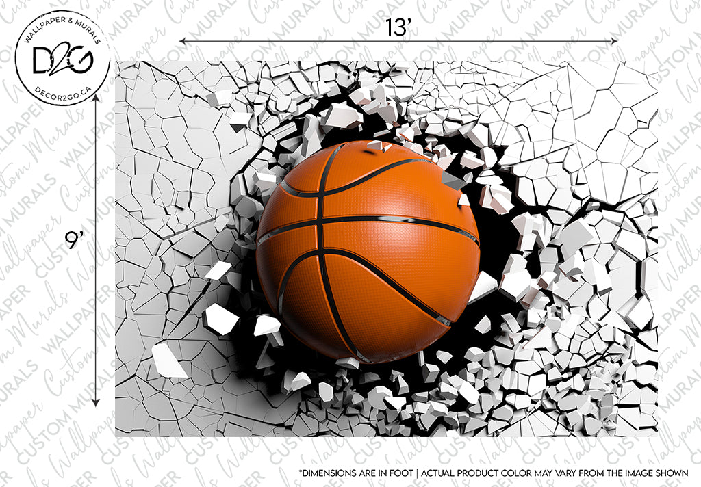 A basketball breaking through a white, cracked surface, simulating a 3D effect, with fragments flying outward, displayed as a striking, dynamic Decor2Go Wallpaper Mural.