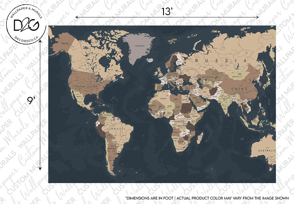 A stylized Black and Brown World Map Wallpaper Mural in muted dark tones, marked with country names and boundaries, watermarked with Decor2Go Wallpaper Mural décor and a notice about potential color variation from the actual product.