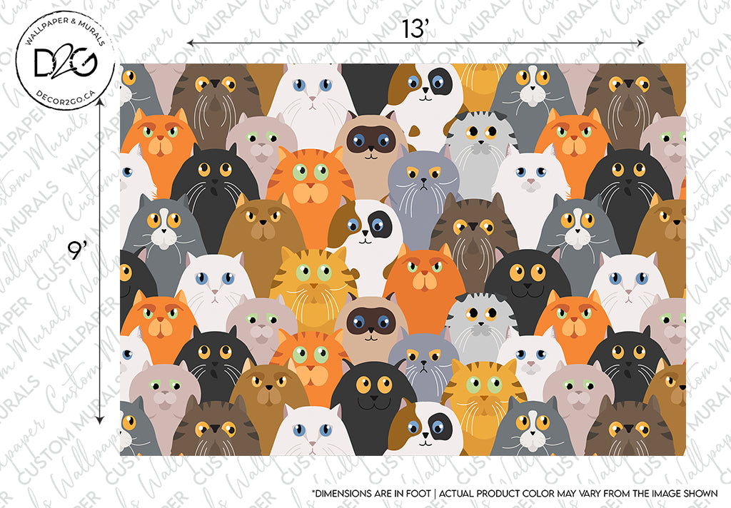 A colorful illustration of multiple rows of cartoon cats with various facial expressions, positioned closely together. Each cat has distinct colors and patterns, set against a plain, light background from Decor2Go Wallpaper Mural's Cat Party Wallpaper Mural.