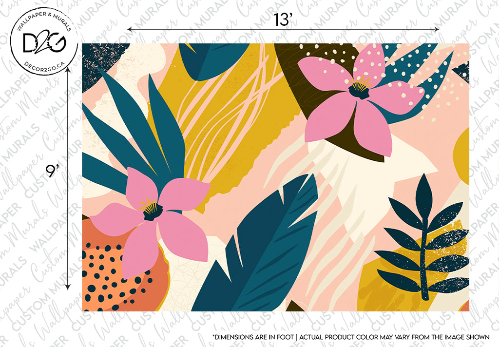Illustrative abstract design featuring large pink flowers, green and gold leaves, and various geometric shapes on a background of pink, cream, and teal shades in vector format by Decor2Go Wallpaper Mural's Collage Contemporary Floral Wallpaper Mural.
