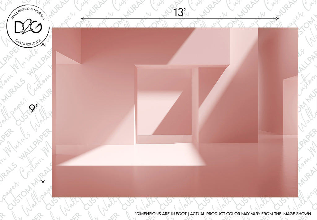 An abstract geometric Contemporary Pink Interior Design 3D Wallpaper Mural by Decor2Go Wallpaper Mural shows a series of pink cubes and rectangles with a light gradient, creating a three-dimensional effect. The high-quality rendering includes measurement annotations.