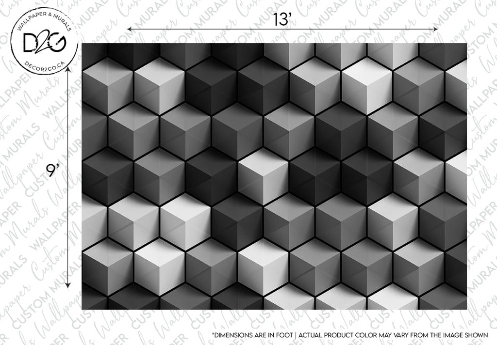 Black and white Cubic Grays Wallpaper Mural design with varying shades creating a geometric illusion, displayed under the branding "Decor2Go Wallpaper Mural". Dimensions and disclaimer noted in the corners.