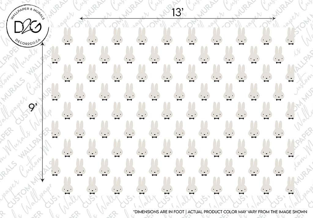 Pattern of small Adorable Grey Rabbit Faces Wallpaper Mural arranged in orderly rows and columns on a white background, with Decor2Go Wallpaper Mural logo and measurement guides on the top and sides.