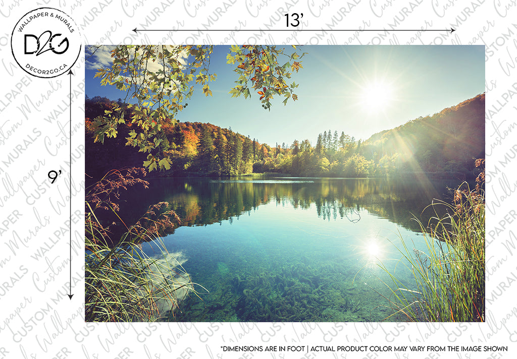 A serene lake reflecting sunlight, surrounded by lush green forests and vibrant autumn leaves, with a rustic wooden furniture design indicating a Decor2Go Wallpaper Mural sample of the Day on The Lake Wallpaper Mural.