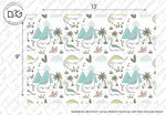 Patterned fabric design featuring educational Dinosaurs Wallpaper Mural, palm trees, and tropical elements in muted colors on a light background, with dimensions marked.