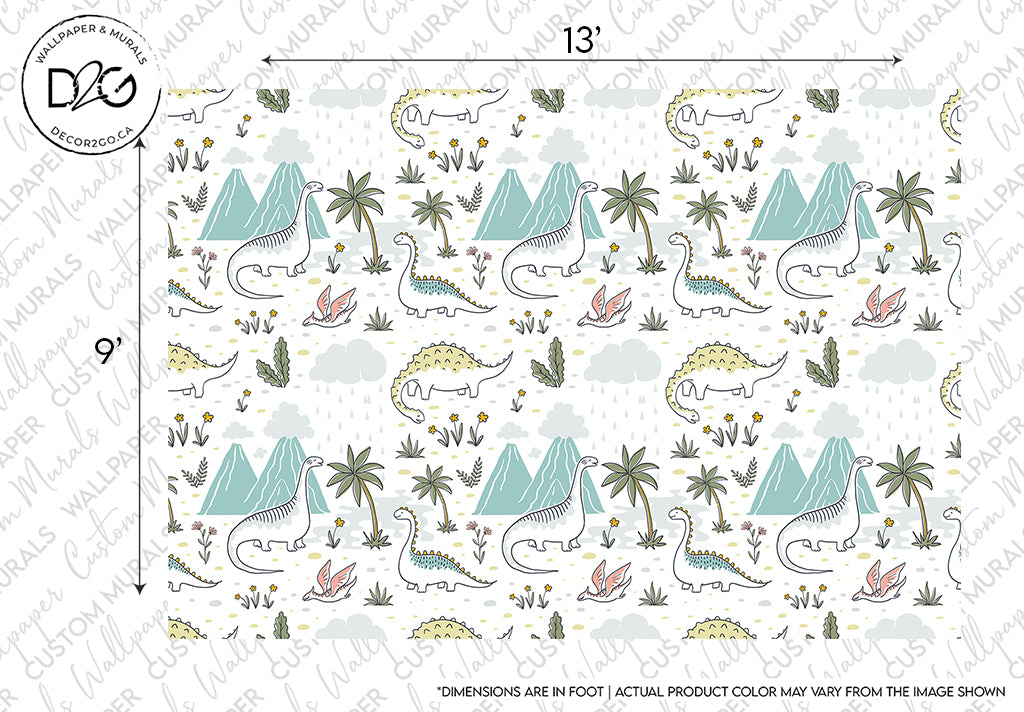 Patterned fabric design featuring educational Dinosaurs Wallpaper Mural, palm trees, and tropical elements in muted colors on a light background, with dimensions marked.