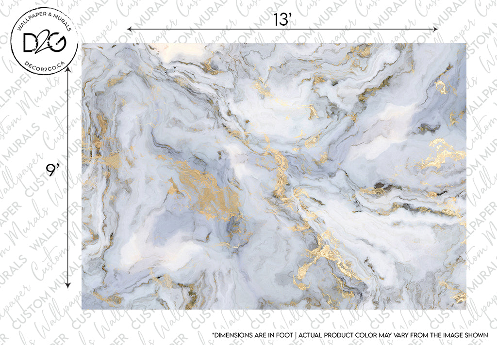 Abstract wallpaper design featuring swirling patterns of gray, white, and gold, resembling marble. Custom sizing indicates dimensions, emphasizing the design's suitability for decor as a Decor2Go Wallpaper Mural.