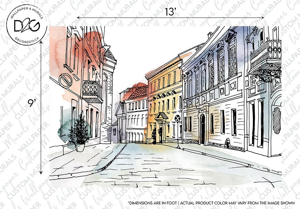 Illustration of a quaint street scene with historic architecture in watercolor style, featuring cobbled streets and detailed European-style buildings under a clear sky. This image is perfect as a European Alley Watercolor Wallpaper Mural by Decor2Go Wallpaper Mural.