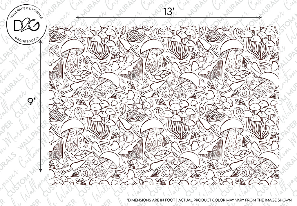An intricate black and white line art illustration of various mushrooms, leaves, and small floral elements filling the entire scene, designed for coloring or as an Exotic Plants Sketch Wallpaper Mural by Decor2Go Wallpaper Mural.