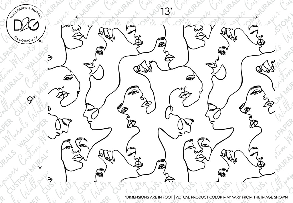 An abstract black and white single-line drawing pattern featuring multiple contoured faces with different expressions interconnected across the canvas. The design is intricate and modern, like the Familiar Faces Wallpaper Mural from Decor2Go Wallpaper Mural.