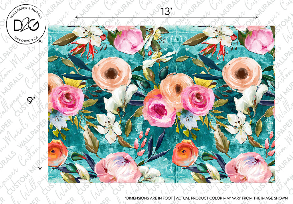 A vibrant Floral Oil Paint wallpaper mural design featuring large pink and white roses with green leaves set against a textured turquoise background, ideal for a feature wall. The image includes a measurement guide and a disclaimer on color.